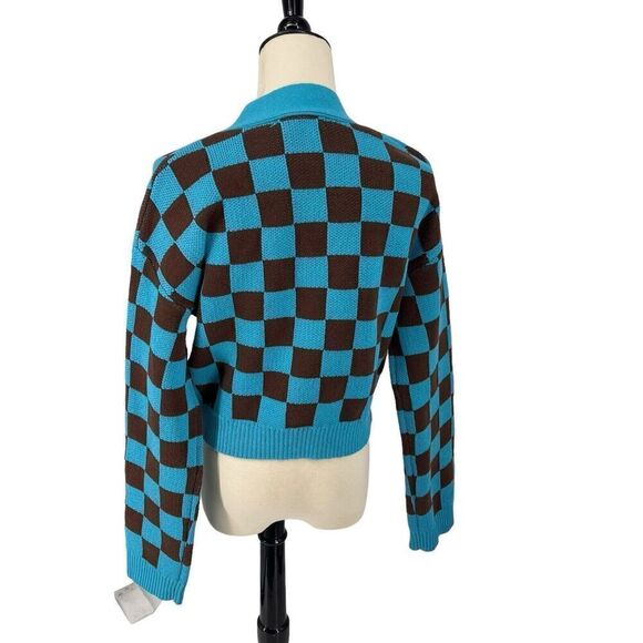 English Factory Brown Blue Checkerboard Checkered Cardigan Sweater Sz S Preppy - Picture 4 of 14